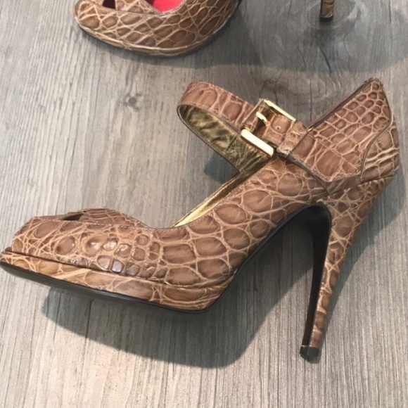 Roberto Cavalli Vintage Crocodile Embossed Leather Peep Toe Shoes - Picture 8 of 11